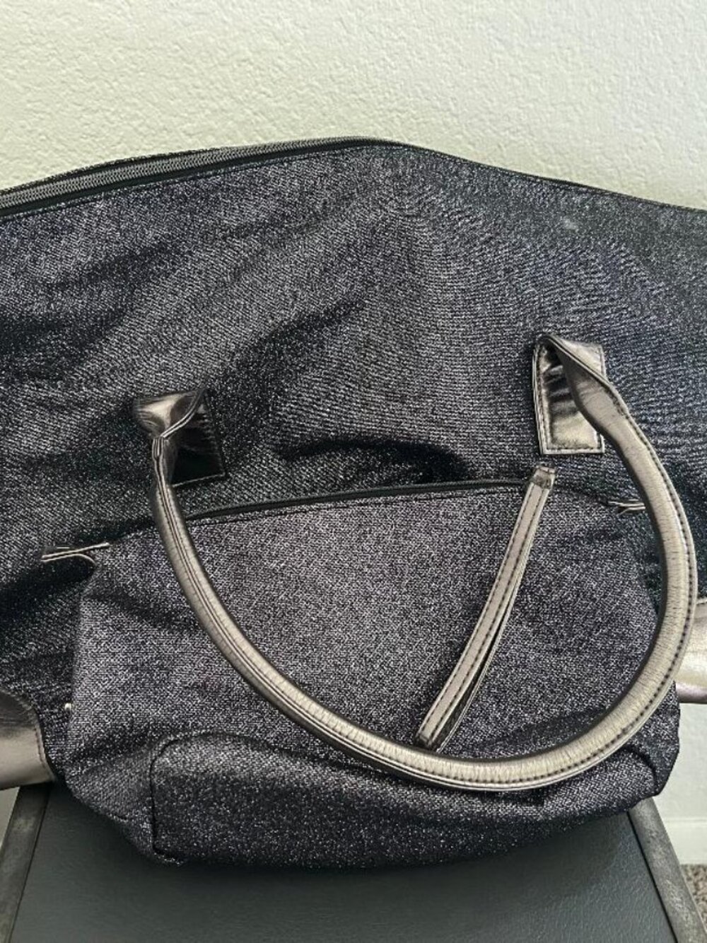 Large Dark Gray Glittery Overnight Tote With Matching Cosmetic Purse